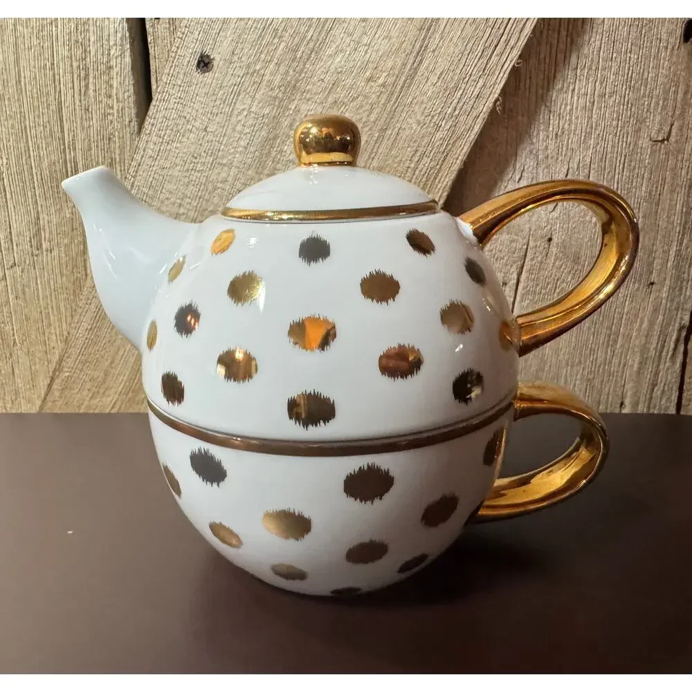 Wonder White With Gold Polka Dot Tea for One Teapot Cup Set Dishwasher Safe